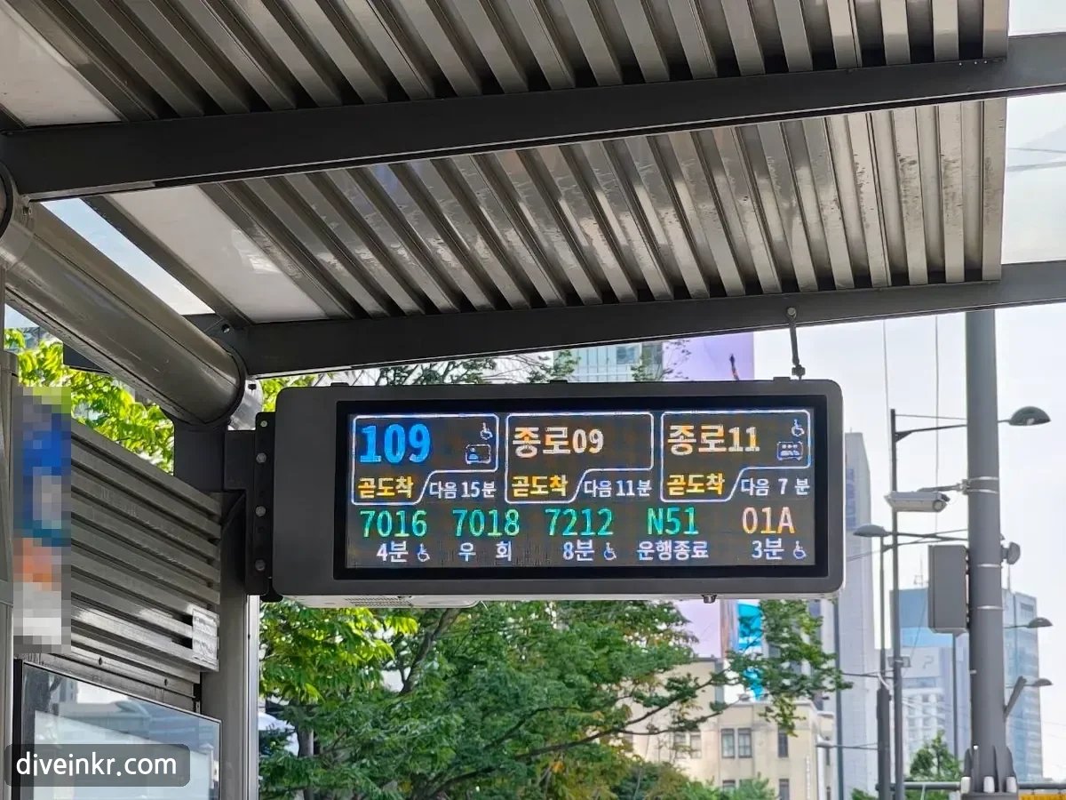 An LED bus arrival display under a Seoul bus shelter