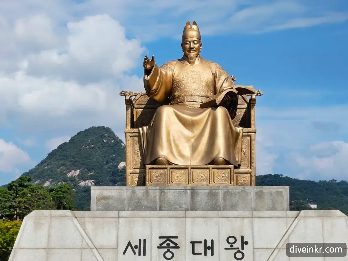 The golden bronze statue of King Sejong seated on a throne in Gwanghwamun Square, holding an open book in his left hand, on a stone pedestal engraved 세종대왕 in Hangul, with a green mountain behind