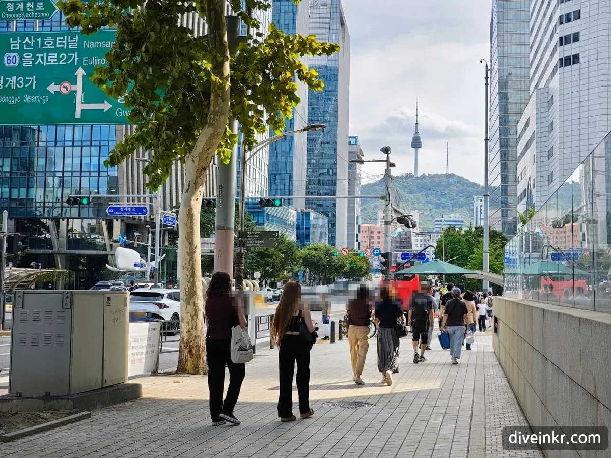 A sidewalk near Cheonggyecheon with a green road sign pointing straight ahead to 남산1호터널 Namsan 1 Tunnel and 을지로2가 Euljiro 2-ga and left to 청계3가, with N Seoul Tower visible far down the street (license plate blurred)