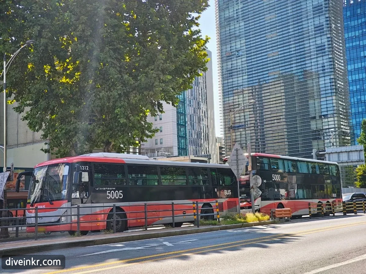 Two red-and-gray express buses, routes 5005 and 5000, stopped by the curb on a tree-lined downtown Seoul street in front of glass office towers (license plate blurred)