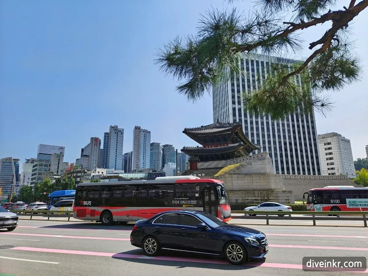 Sungnyemun seen through pine branches from across a wide road, with glass towers behind it, a red-and-black express bus and a dark car driving past in front and a second red bus on the right