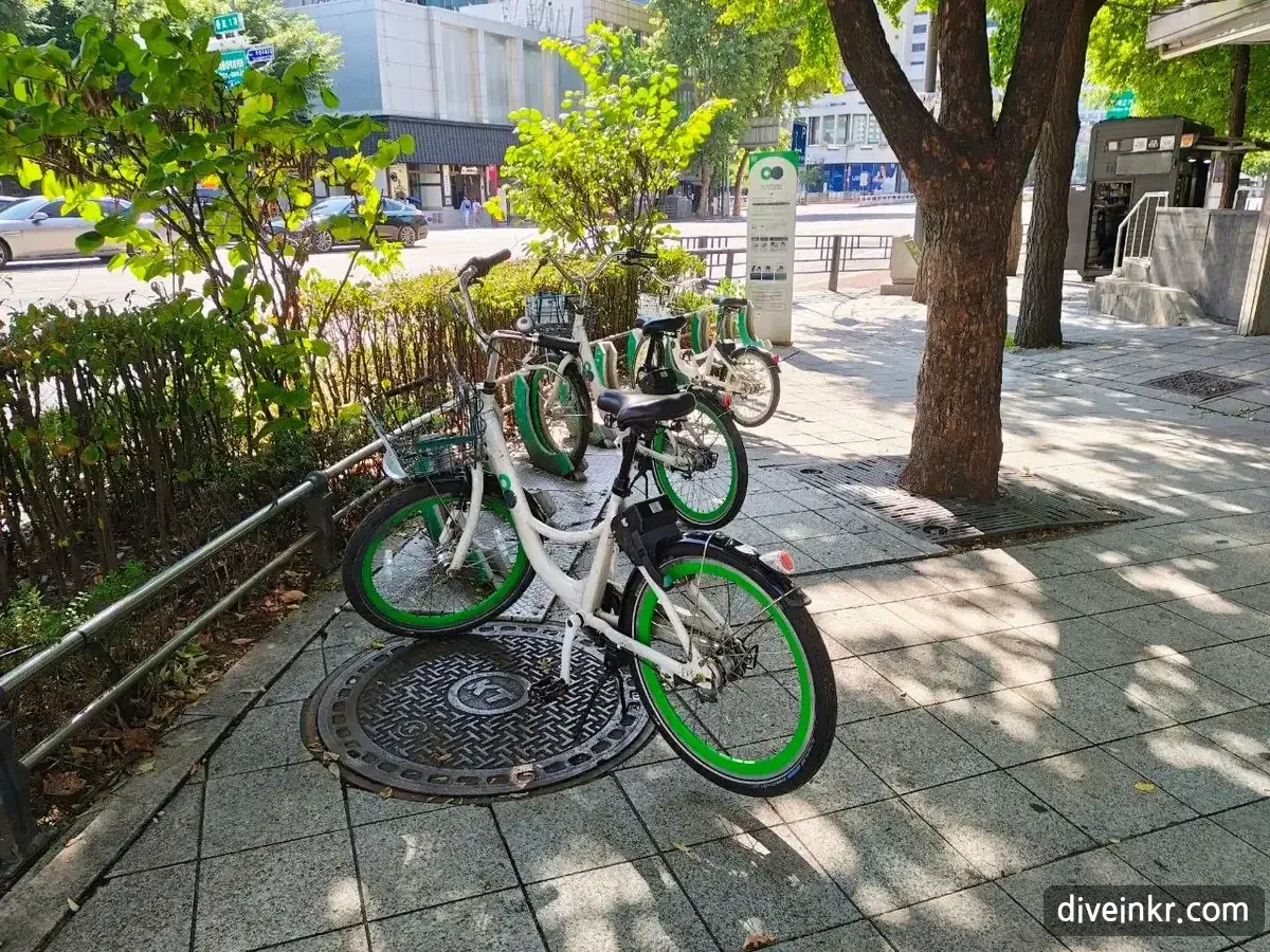 Three white Seoul public bikes with green wheels and front baskets docked at a rental station on a tree-shaded sidewalk near Jonggak Station, with the station's information post behind them